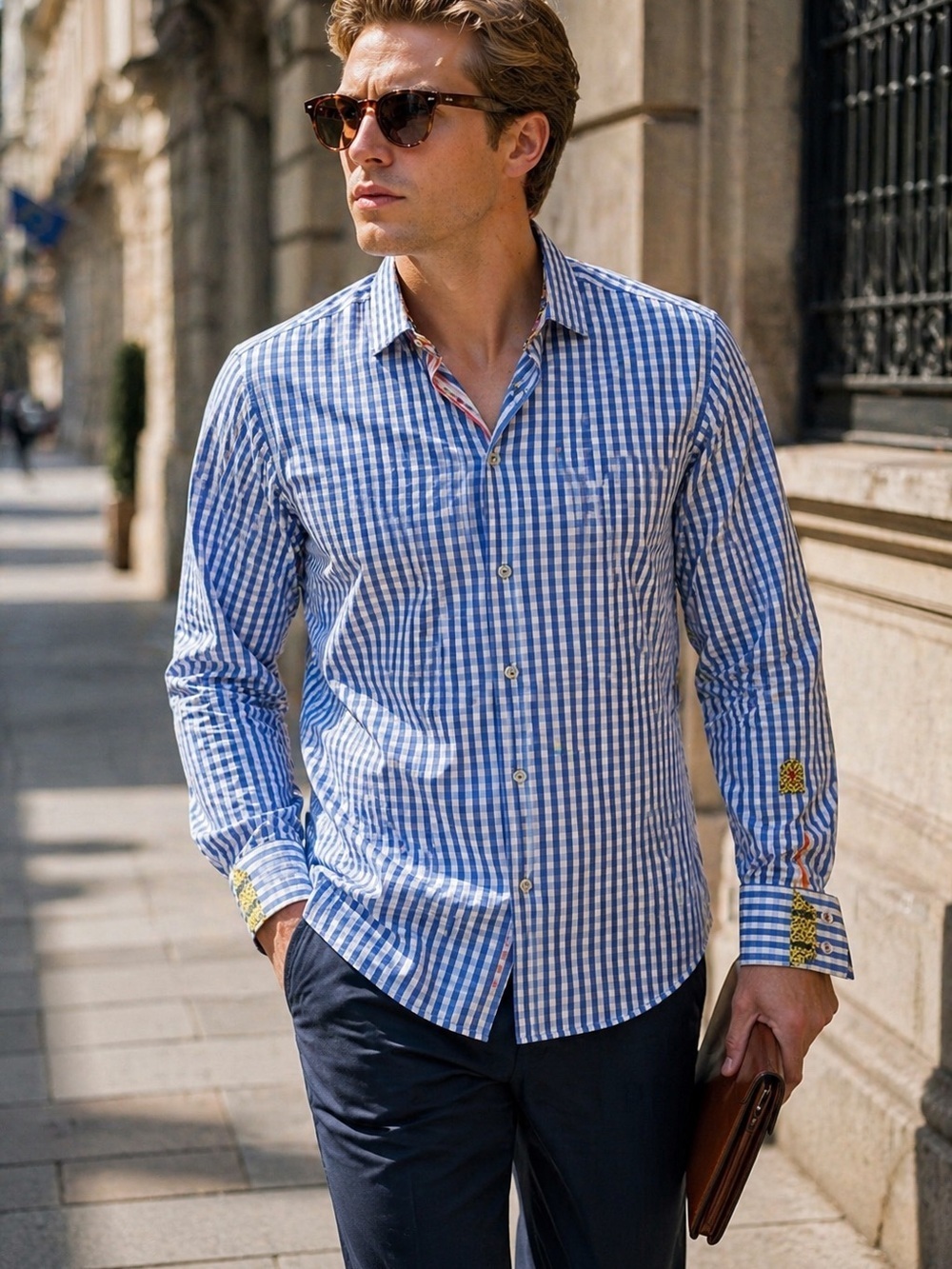 Robert Graham Men's Blue and White Gingham Button-Up Shirt Size S Flip Cuff